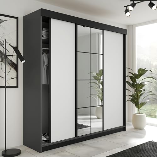 KIER FURNITURE Schiebegarderobe LAMARO mit Spiegel - Schrank Schlafzimmer – Schlafzimmerschrank – Wardrobe Bedroom – Kleiderschränke – Kleiderschrank - 200x205x59cm - Graphit & Weiß von KIER FURNITURE