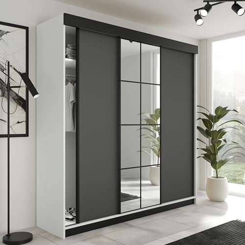 KIER FURNITURE Schiebegarderobe LAMARO mit Spiegel - Schrank Schlafzimmer – Schlafzimmerschrank – Wardrobe Bedroom – Kleiderschränke – Kleiderschrank - 200x205x59cm - Weiß & Graphit von KIER FURNITURE