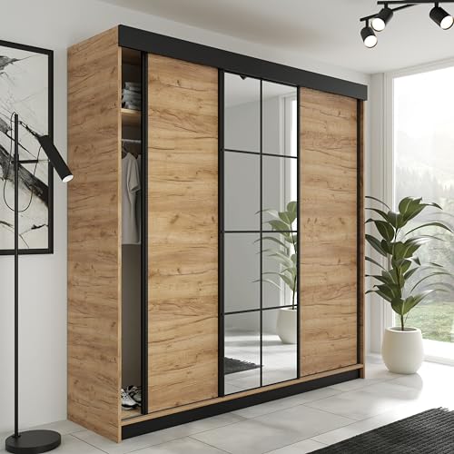 KIER FURNITURE Schiebegarderobe LAMARO mit Spiegel - Schrank Schlafzimmer – Schlafzimmerschrank – Wardrobe Bedroom – Kleiderschränke – Kleiderschrank Craft Eiche Gold – 200x205x59 cm von KIER FURNITURE