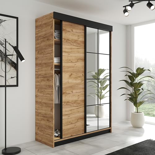 KIER FURNITURE Schiebegarderobe LAMARO mit Spiegel - Schrank Schlafzimmer – Schlafzimmerschrank – Wardrobe Bedroom – Kleiderschränke – Kleiderschrank Eichenholz Craft Golden – 167x205x59 cm von KIER FURNITURE