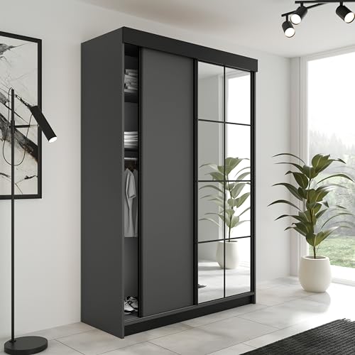 KIER FURNITURE Schiebegarderobe LAMARO mit Spiegel - Schrank Schlafzimmer – Schlafzimmerschrank – Wardrobe Bedroom – Kleiderschränke – Kleiderschrank Graphit – 138x205x59 von KIER FURNITURE