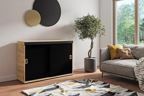 KIER FURNITURE Sideboard Mit Schiebetür – Wohnzimmerschrank – Schrank Wohnzimmer – Sideboard Wohnzimmer Schmal – Kommode Flur – Farbe Craft Eiche Gold + Schwarz – 120x45x94cm von KIER FURNITURE