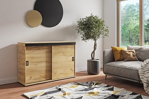 KIER FURNITURE Sideboard Mit Schiebetür – Wohnzimmerschrank – Schrank Wohnzimmer – Sideboard Wohnzimmer Schmal – Kommode Flur – Farbe Craft Eiche Gold – 120x45x94cm von KIER FURNITURE