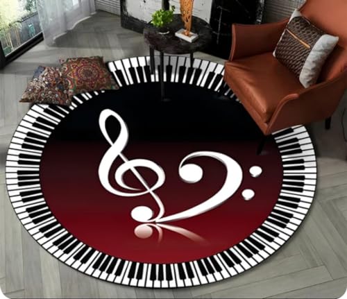 KIESEY Teppich mit Klaviertasten und Musikmotiv, rund, für Wohnzimmer, Schlafzimmer, Fußpolster, Dekor, rutschfeste Bodenmatte 120cm von KIESEY