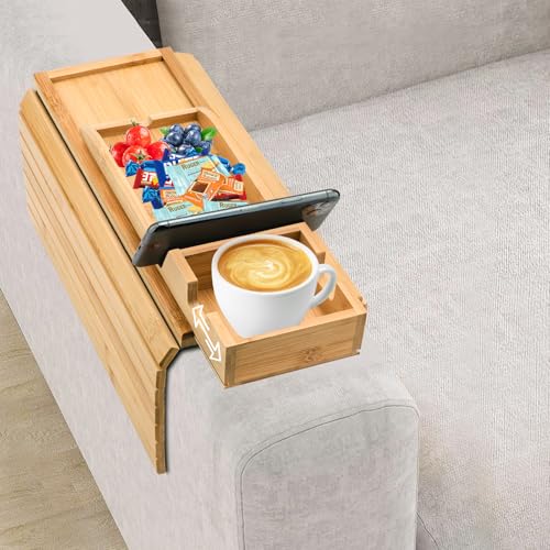KIIDAS Coucharm-Tablett aus Bambus mit abnehmbarem Getränkehalter – 2-in-1-Design, faltbares Sofa-Armlehnen-Tablett für Tassen, Snacks, Fernbedienung von KIIDAS