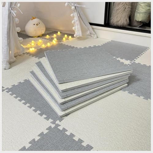 10 Stück 30 x 30 x 1 cm verdickte, quadratische Schaumstoff-Bodenmatte, ineinandergreifende Puzzle-Bodenteppiche, atmungsaktive Teppichfliesen, Spielmatte (Hellgrau + Beige) von KIJyfgTR