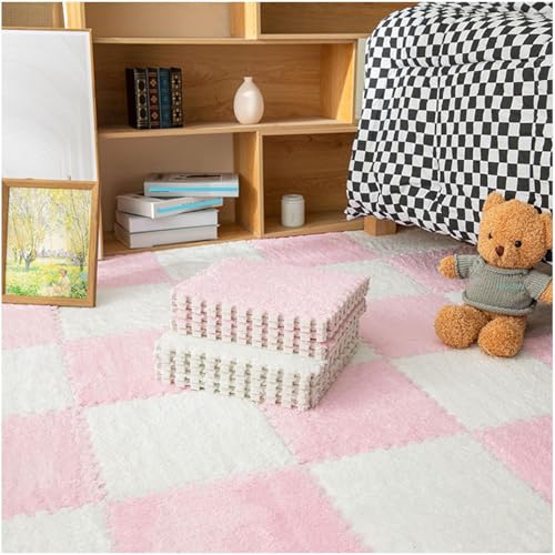 10 Stück ineinandergreifende Plüsch-Schaumstoff-Bodenmatten, DIY zuschneidbare Schaumstoffmatten, Fliesen, 30 x 30 x 1 cm, flauschige Teppichfliesen (weiß + rosa) von KIJyfgTR
