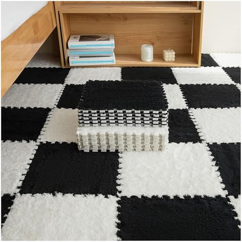 10 Stück ineinandergreifende Plüsch-Schaumstoff-Bodenmatten, DIY zuschneidbare Schaumstoffmatten, Fliesen, 30 x 30 x 1 cm, flauschige Teppichfliesen (weiß + schwarz) von KIJyfgTR
