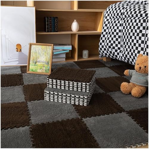 10 Stück ineinandergreifende Plüsch-Schaumstoff-Bodenmatten, DIY zuschneidbare Schaumstoffmattenfliesen, 30 x 30 x 1 cm, flauschige Teppichfliesen (grau + dunkelbraun) von KIJyfgTR