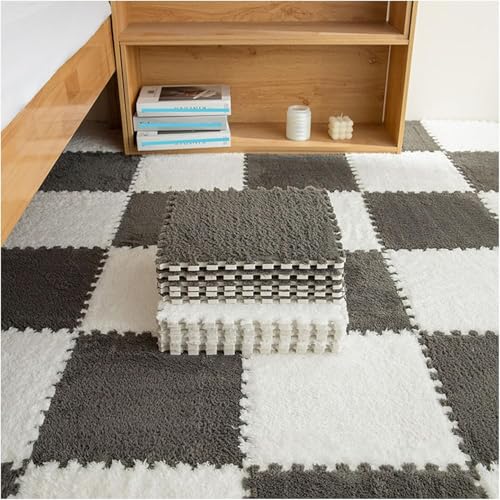 10 Stück ineinandergreifende Plüsch-Schaumstoff-Bodenmatten, DIY zuschneidbare Schaumstoffmattenfliesen, 30 x 30 x 1 cm, flauschige Teppichfliesen (weiß + grau) von KIJyfgTR