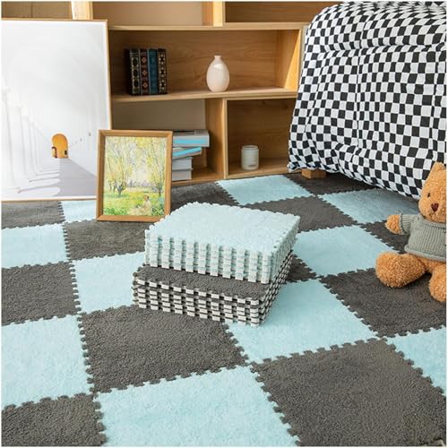 10 Stück ineinandergreifende Plüsch-Schaumstoff-Bodenmatten, zum Selbermachen, zuschneidbare Schaumstoffmatten, Fliesen, 30 x 30 x 1 cm, flauschige Teppichfliesen (Hellblau + Grau) von KIJyfgTR