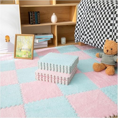 10 Stück ineinandergreifende Plüsch-Schaumstoff-Bodenmatten, zum Selbermachen, zuschneidbare Schaumstoffmatten, Fliesen, 30 x 30 x 1 cm, flauschige Teppichfliesen (Hellblau + Rosa) von KIJyfgTR