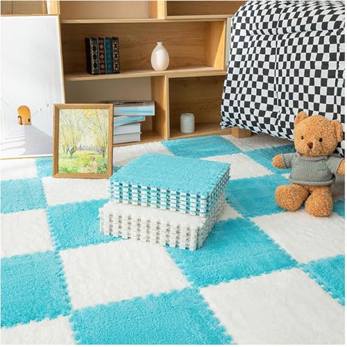 10 Stück ineinandergreifende Plüsch-Schaumstoff-Bodenmatten, zum Selbermachen, zuschneidbare Schaumstoffmatten, Fliesen, 30 x 30 x 1 cm, flauschige Teppichfliesen (weiß + dunkelblau) von KIJyfgTR