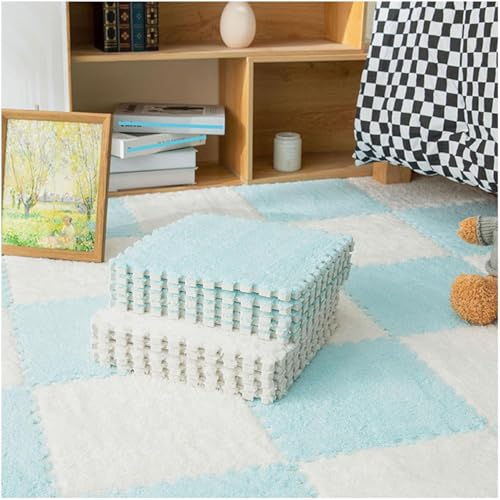 10 Stück ineinandergreifende Plüsch-Schaumstoff-Bodenmatten, zum Selbermachen, zuschneidbare Schaumstoffmatten, Fliesen, 30 x 30 x 1 cm, flauschige Teppichfliesen (weiß + hellblau) von KIJyfgTR