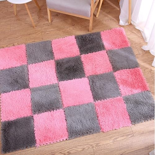 10-teiliges Plüsch-Puzzle-Bodenfliese mit Bordüre, quadratischer ineinandergreifender Teppich, Spielteppich, 30,5 x 30,5 x 1 cm, für Flur, Schlafzimmer, Bodenfliesen-Schutzmatte (Rosa + Dunkelgrau) von KIJyfgTR