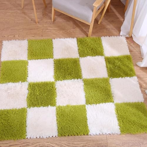 10-teiliges Plüsch-Puzzle-Bodenfliese mit Bordüre, quadratischer ineinandergreifender Teppich, Spielteppich, 30,5 x 30,5 x 1 cm, für Flur, Schlafzimmer, Bodenfliesen-Schutzmatte (grün + weiß) von KIJyfgTR