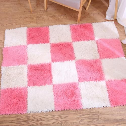 10-teiliges Plüsch-Puzzle-Bodenfliese mit Bordüre, quadratischer ineinandergreifender Teppich, Spielteppich, 30,5 x 30,5 x 1 cm, für Flur, Schlafzimmer, Bodenfliesen-Schutzmatte (weiß + rosa) von KIJyfgTR