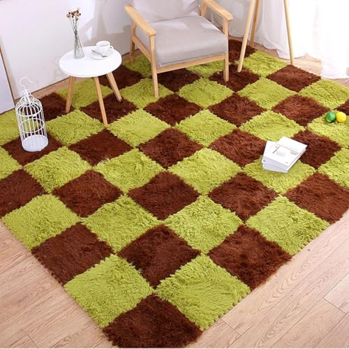 20 Plüsch-Puzzle-Bodenfliesen mit Rand, quadratischer ineinandergreifender Teppich, Plüschbereich, Spielteppich, 30,5 x 30,5 x 1 cm, für Flur, Schlafzimmer, Bodenfliesenschutzmatte (grün + braun) von KIJyfgTR