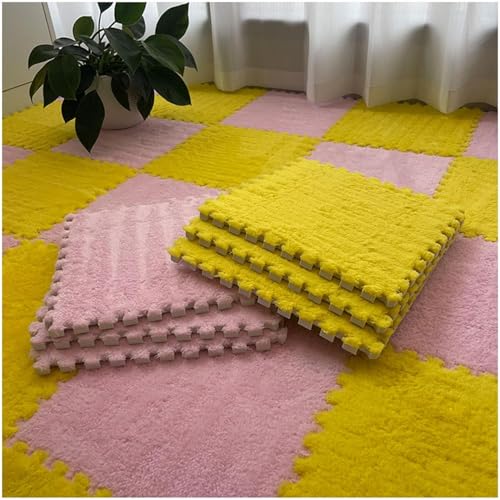 Ineinandergreifende Plüsch-Schaumstoffmatte, 30,5 x 30,5 cm, quadratisch, Puzzle-Bodenfliesen, weich, flauschig, Schaumstofffliesen, flauschige Bodenteppiche (Gelb + Rosa) von KIJyfgTR
