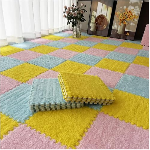Ineinandergreifende Plüsch-Schaumstoffmatte, 30,5 x 30,5 cm, quadratisch, Puzzle-Bodenfliesen, weich, flauschig, Schaumstofffliesen, flauschige Bodenteppiche (Gelb + Rosa + Hellblau) von KIJyfgTR