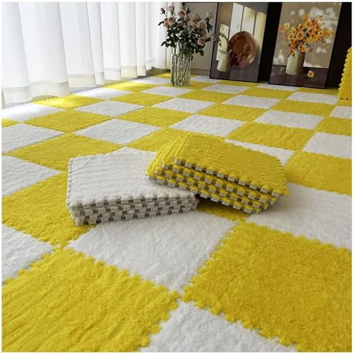 Ineinandergreifende Plüsch-Schaumstoffmatte, 30,5 x 30,5 cm, quadratisch, Puzzle-Bodenfliesen, weich, flauschig, Schaumstofffliesen, flauschige Bodenteppiche (Gelb + Weiß) von KIJyfgTR