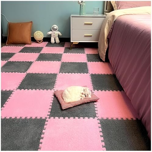 KIJyfgTR 20 stücke 30cm ineinander greifen plüsch Teppich quadratisch mit rändern weiche Schaum matten 0,4 in Dicke Flauschigen Fliesen Spielen Matte(Pink+Gray) von KIJyfgTR
