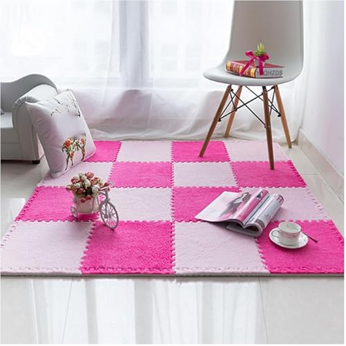 KIJyfgTR Ineinander greifende Schaumstoff-Teppichfliesen mit Rand, 20 Stück, 30,5 x 30,5 cm, Fuzzy-Puzzle-Teppichquadrate, Plüsch-Puzzle-Schaumstoff-Bodenmatte(Pink+Rose Red) von KIJyfgTR