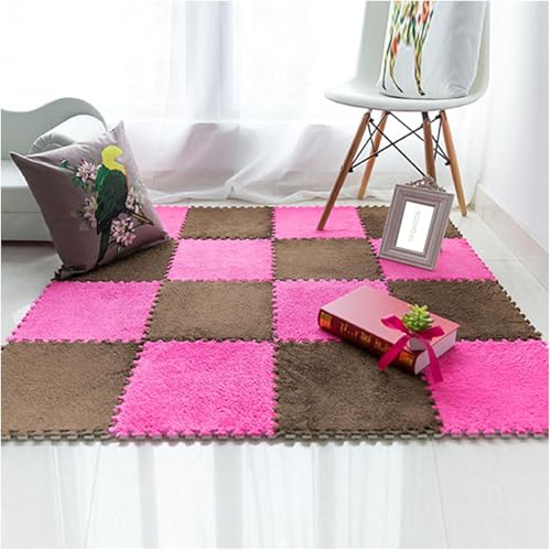 KIJyfgTR Ineinander greifende Schaumstoff-Teppichfliesen mit Rand, 20 Stück, 30,5 x 30,5 cm, Fuzzy-Puzzle-Teppichquadrate, Plüsch-Puzzle-Schaumstoff-Bodenmatte(Rose Red+Dark Brown) von KIJyfgTR