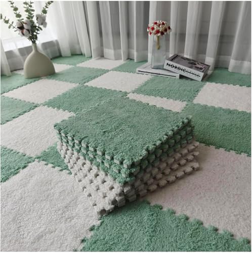 Plüsch-Schaumstoffmatten, 90 Stück, 30,5 x 30,5 cm, flauschige Teppichfliesen, Bodenteppiche, DIY-Patchwork-Puzzle-Bodenmatte (hellgrün + weiß) von KIJyfgTR