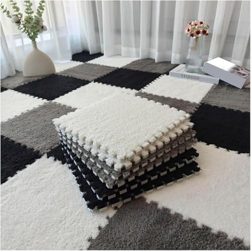 Plüsch-Schaumstoffmatten, 90 Stück, 30,5 x 30,5 cm, flauschige Teppichfliesen, Bodenteppiche, DIY-Patchwork-Puzzle-Bodenmatte (schwarz + weiß + grau) von KIJyfgTR