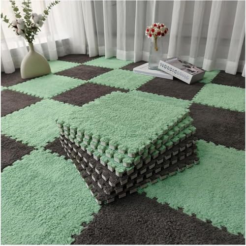 Plüsch-Schaumstoffmatten, ineinandergreifend, 30,5 x 30,5 cm, flauschige Teppichfliesen, Bodenteppiche, DIY-Patchwork-Puzzle-Bodenmatte, 90 Stück, Hellgrün + Grau von KIJyfgTR