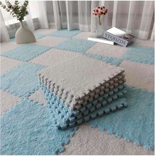 Plüsch-Schaumstoffmatten, ineinandergreifend, 30,5 x 30,5 cm, flauschige Teppichfliesen, Bodenteppiche, DIY-Patchwork-Puzzle-Bodenmatte (Hellblau + Weiß), 90 Stück von KIJyfgTR