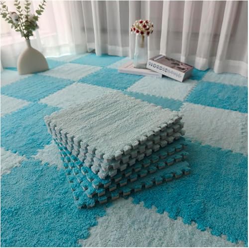 Plüsch-Schaumstoffmatten, ineinandergreifend, 30,5 x 30,5 cm, flauschige Teppichfliesen, Bodenteppiche, DIY-Patchwork-Puzzle-Bodenmatte (dunkelblau + hellblau), 90 Stück von KIJyfgTR