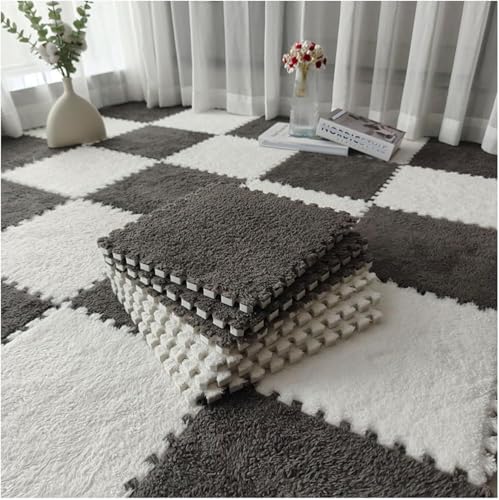 Plüsch-Schaumstoffmatten, ineinandergreifend, 30,5 x 30,5 cm, flauschige Teppichfliesen, Bodenteppiche, DIY-Patchwork-Puzzle-Bodenmatte (grau + weiß), 90 Stück von KIJyfgTR