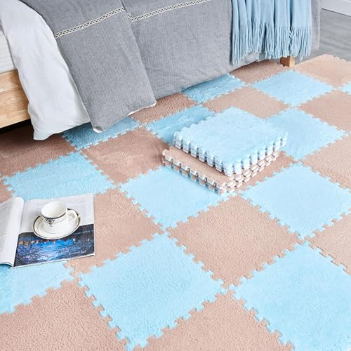 Puzzlematte aus ineinandergreifendem Schaumstoff, quadratisch, zum Trainieren von praktischen Fähigkeiten, 18 Stück 30,5 x 30,5 x 1,1 cm dicker Plüschschaum-Teppich, Bodenteppich (Blau + Kamel) von KIJyfgTR