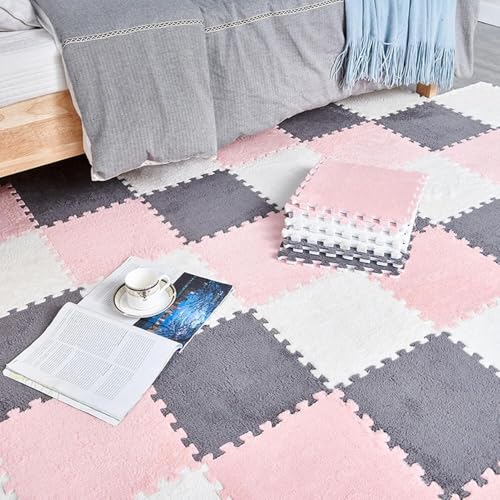 Puzzlematte aus ineinandergreifendem Schaumstoff, quadratisch, zum Trainieren von praktischen Fähigkeiten, 18 Stück 30,5 x 30,5 x 1,1 cm dicker Plüschschaum-Teppich, Bodenteppich (Rosa + Grau + Weiß) von KIJyfgTR