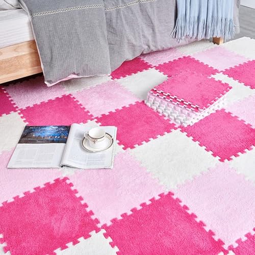 Puzzlematte aus ineinandergreifendem Schaumstoff, quadratisch, zum Trainieren von praktischen Fähigkeiten, 18 Stück 30,5 x 30,5 x 1,1 cm dicker Plüschschaum-Teppich, Bodenteppich (Rosarot + Weiß + von KIJyfgTR