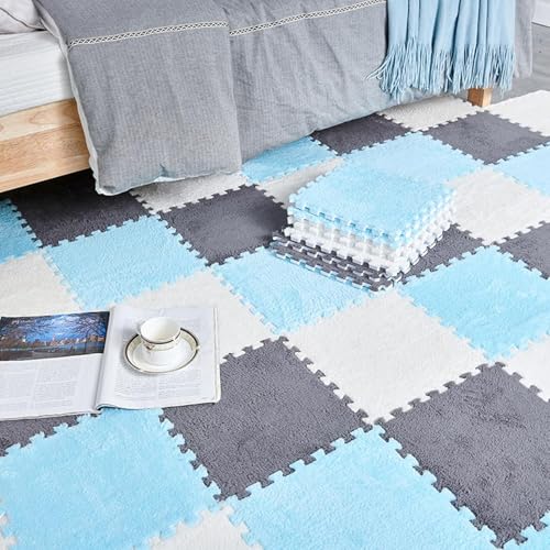 Puzzlematte aus ineinandergreifendem Schaumstoff, quadratisch, zum Trainieren von praktischen Fähigkeiten, 18 Stück 30,5 x 30,5 x 1,1 cm dicker Plüschschaum-Teppich, Bodenteppich (blau + grau + weiß) von KIJyfgTR