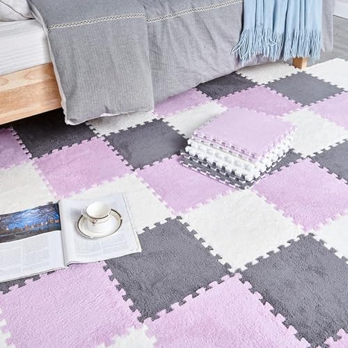 Puzzlematte aus ineinandergreifendem Schaumstoff, quadratisch, zum Trainieren von praktischen Fähigkeiten, 18 Stück 30,5 x 30,5 x 1,1 cm dicker Plüschschaum-Teppich, Bodenteppich (weiß + grau + lila) von KIJyfgTR