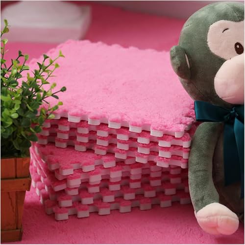 Schaumstoff-Bodenmatte, ineinandergreifend, quadratisch, 30,5 x 30,5 x 1,1 cm, zotteliger Kletterbereich, Teppich mit Rand, quadratisch, weicher Puzzle-Spielteppich – für Zimmerboden (Rosarot) von KIJyfgTR