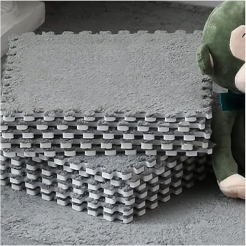 Schaumstoff-Bodenmatte, ineinandergreifend, quadratisch, 30,5 x 30,5 x 1,1 cm, zotteliger Kletterbereich, Teppich mit Rand, quadratisch, weicher Puzzle-Spielteppich – für Zimmerboden (grau) von KIJyfgTR