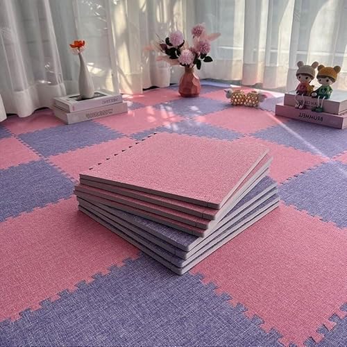 Schaumstoff-Bodenmatte mit Bordüre, Leinenstoff, ineinandergreifende Bodenfliesen, quadratisch, Puzzle-Matte, 10-teiliges Set (rosa + lila) von KIJyfgTR