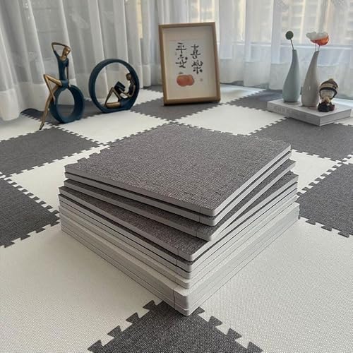 Schaumstoff-Bodenmatte mit Bordüre, Leinenstoff, ineinandergreifende Bodenfliesen, quadratisch, Puzzlematte (Dunkelgrau + Weiß), 10-teiliges Set von KIJyfgTR