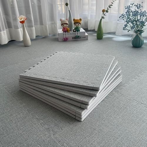 Schaumstoff-Bodenmatte mit Bordüre, Leinenstoff, ineinandergreifende Bodenfliesen, quadratisch, Puzzlematte (Hellgrau), 10-teiliges Set von KIJyfgTR