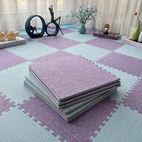 Schaumstoff-Bodenmatte mit Bordüre, Leinenstoff, ineinandergreifende Bodenfliesen, quadratisch, Puzzlematte (Himmelblau + Violett), 10-teiliges Set von KIJyfgTR
