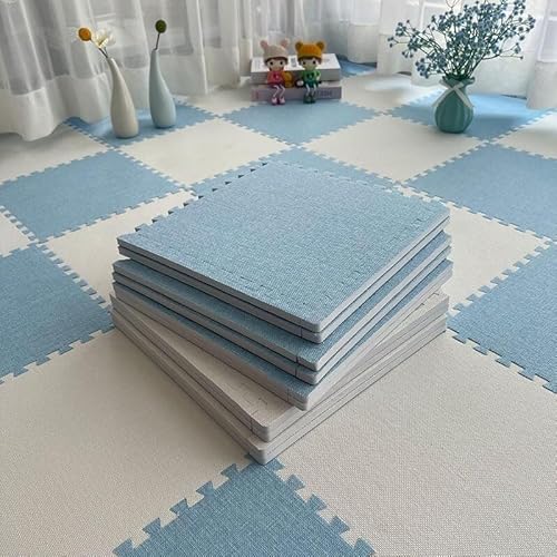 Schaumstoff-Bodenmatte mit Bordüre, Leinenstoff, ineinandergreifende Bodenfliesen, quadratisch, Puzzlematte (Himmelblau + Weiß), 10-teiliges Set von KIJyfgTR