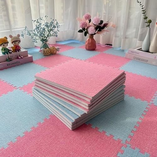 Schaumstoff-Bodenmatte mit Bordüre, Leinenstoff, ineinandergreifende Bodenfliesen, quadratisch, Puzzlematte (Rosa + Himmelblau), 10-teiliges Set von KIJyfgTR