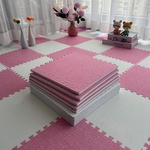 Schaumstoff-Bodenmatte mit Bordüre, Leinenstoff, ineinandergreifende Bodenfliesen, quadratisch, Puzzlematte (Rosa + Weiß), 10-teiliges Set von KIJyfgTR