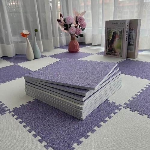 Schaumstoff-Bodenmatte mit Bordüre, Leinenstoff, ineinandergreifende Bodenfliesen, quadratisch, Puzzlematte (lila + weiß), 10-teiliges Set von KIJyfgTR