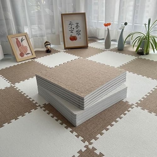 Schaumstoff-Bodenmatte mit Bordüre, ineinandergreifende Bodenfliesen, quadratisch, Puzzlematte (Hellbraun + Weiß), 10-teiliges Set von KIJyfgTR